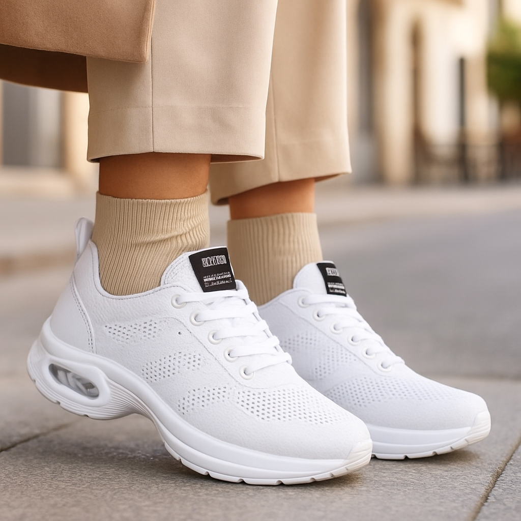 Chaussures de sport blanches modernes portées par une personne, sur un trottoir urbain. Sneakers tendance, confortables, idéales pour la marche en ville.
