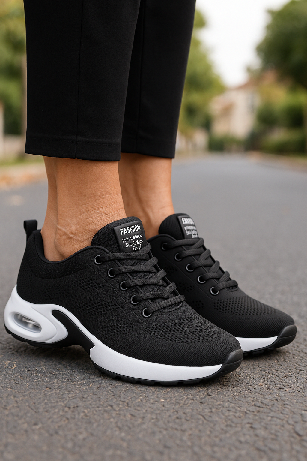 Chaussures de sport noires pour femme avec semelle blanche, design moderne et respirant, portées sur une route, idéales pour la marche et le fitness.