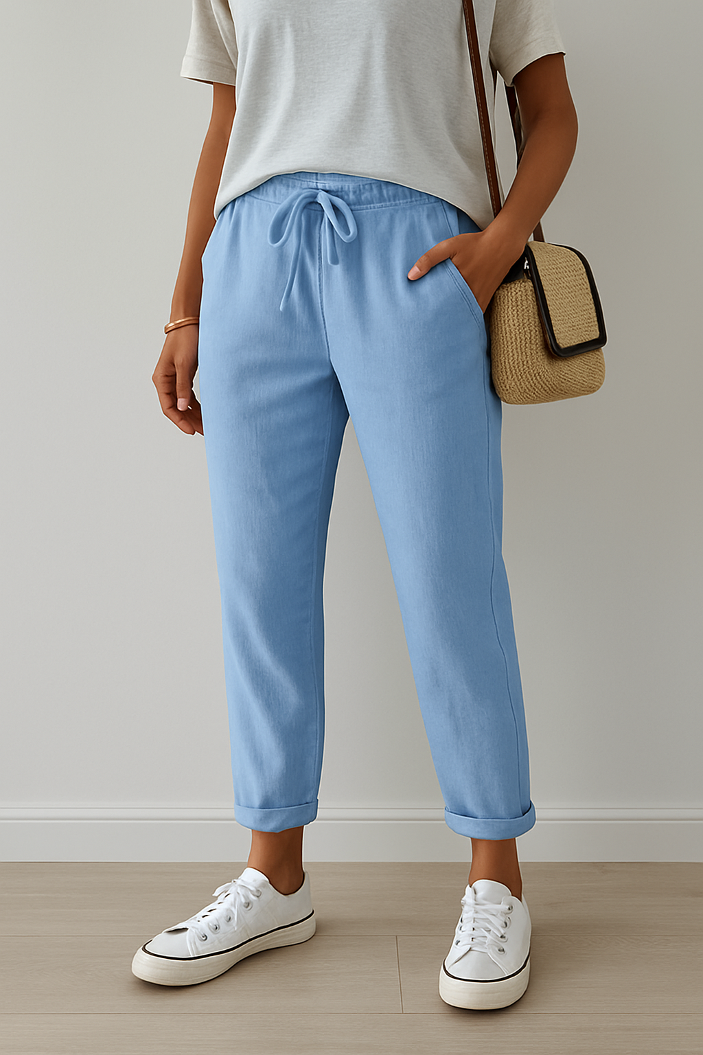 Personne portant un pantalon bleu clair avec cordon, t-shirt blanc, baskets blanches et sac en osier. Mode décontractée, style estival.
