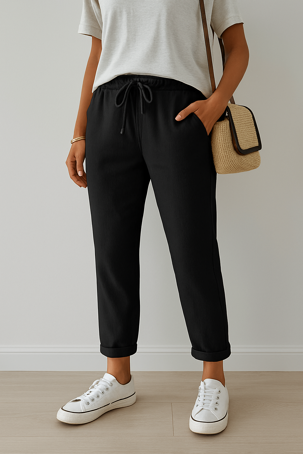 Femme portant un pantalon noir décontracté, t-shirt blanc, baskets blanches et sac en osier. Mode casual chic, tenue confortable et élégante.