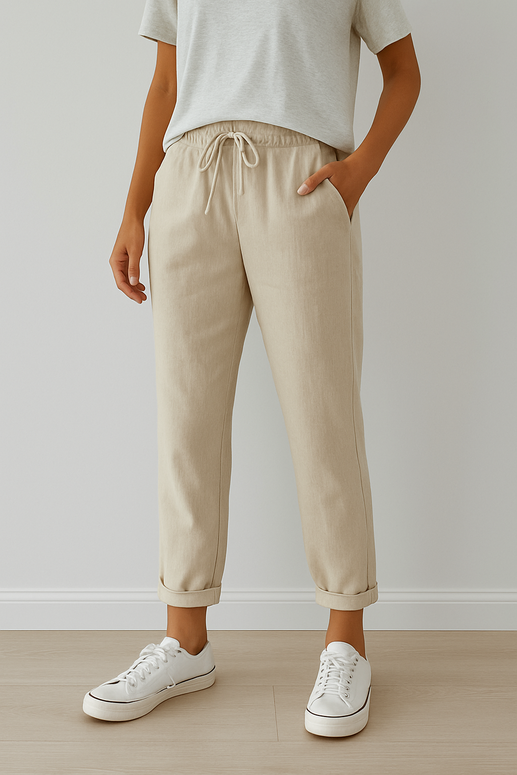 Pantalon beige en lin pour femme, taille élastique avec cordon, poches latérales, ourlets retroussés, porté avec t-shirt blanc et baskets blanches.
