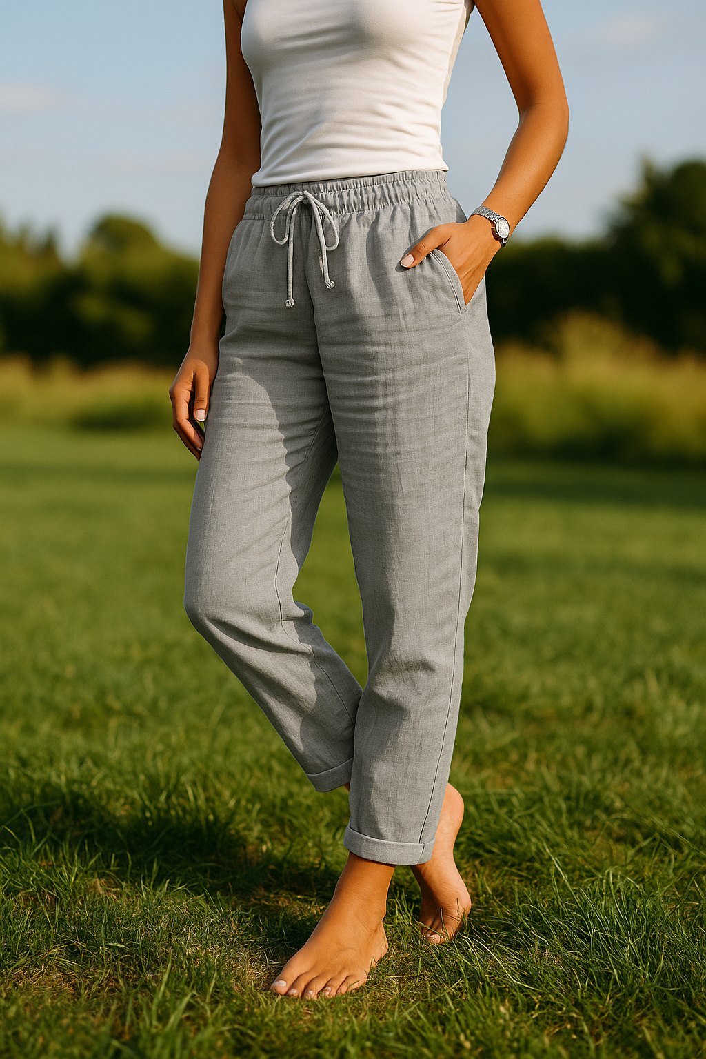 Femme en pantalon gris et débardeur blanc, pieds nus sur l'herbe, montre-bracelet visible. Mode décontractée, tenue estivale, plein air.