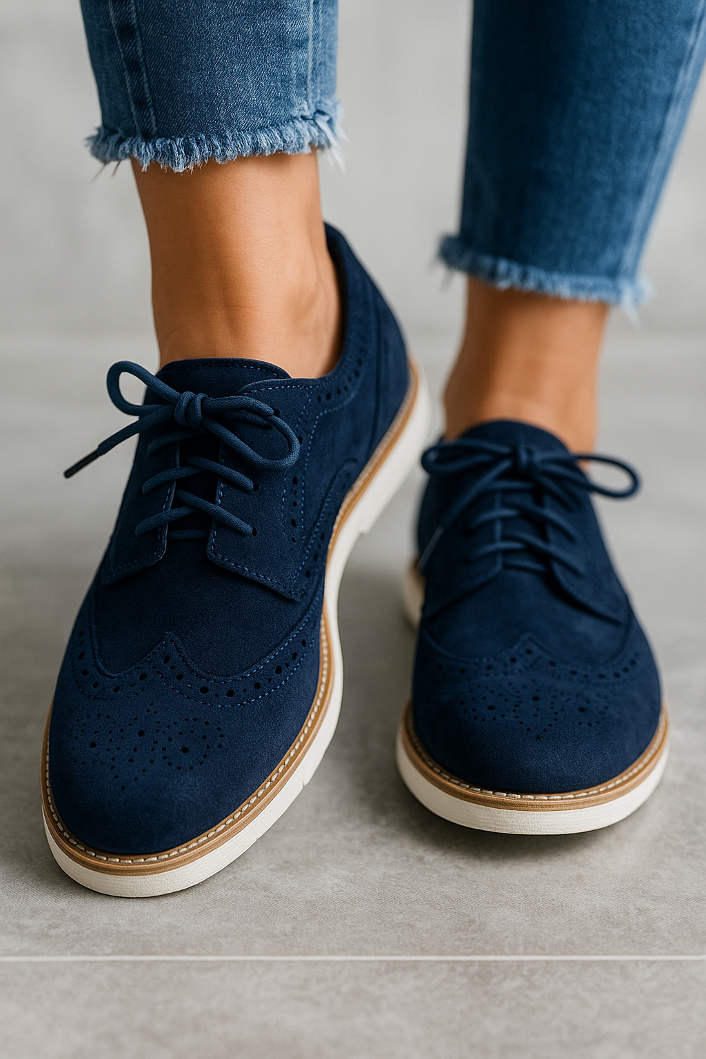 Chaussures derby bleu marine en daim avec semelle blanche, portées avec un jean. Style élégant et moderne pour une tenue décontractée.
