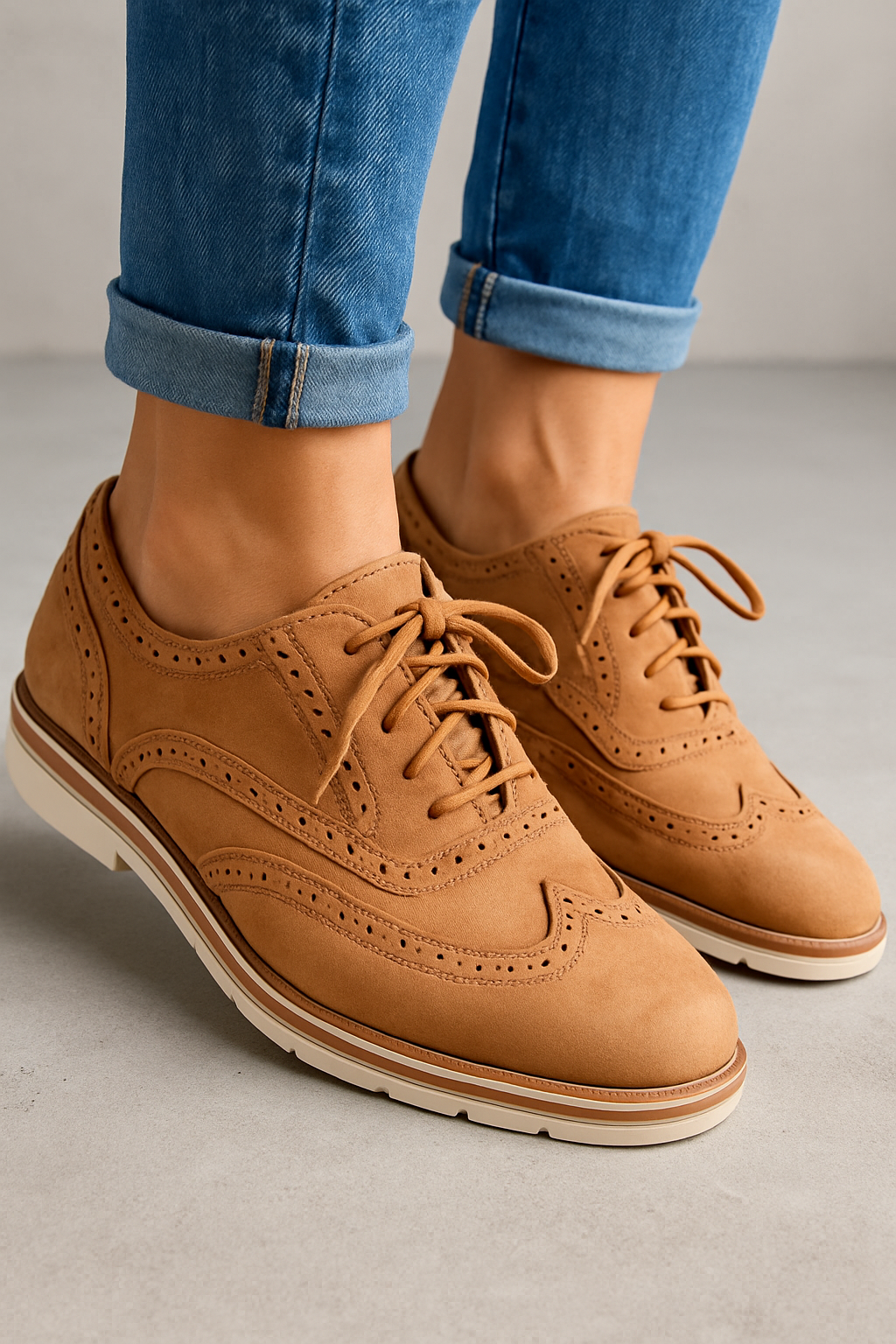 Chaussures derby en cuir marron clair avec perforations, portées avec un jean bleu retroussé. Style élégant et décontracté pour homme ou femme.