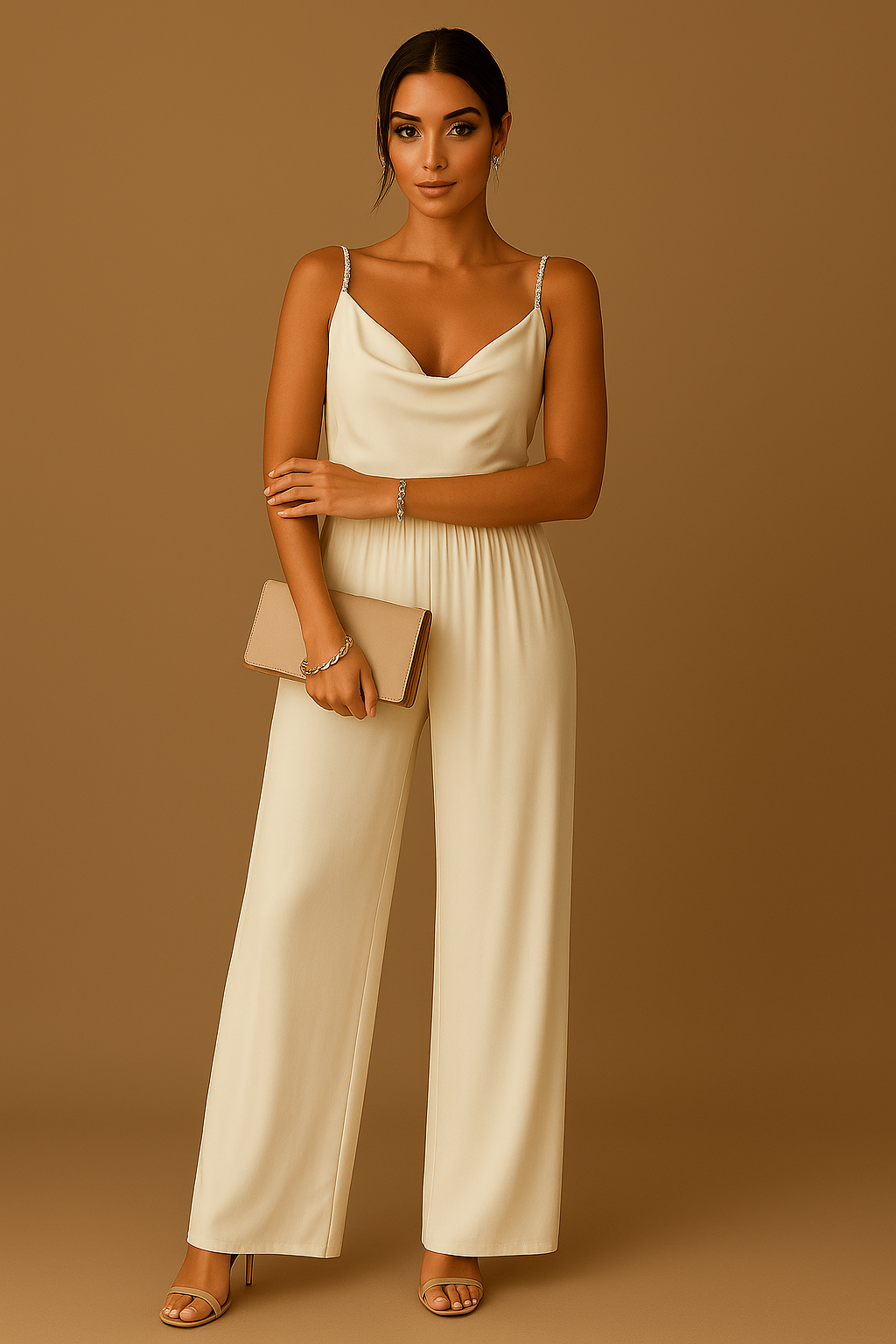 Femme en combinaison beige élégante, tenant une pochette assortie, posant sur fond marron. Mode féminine chic, tenue soirée tendance.