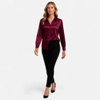 Chemisier boutonné en satin pour femme – Chemise classique à manches longues et revers