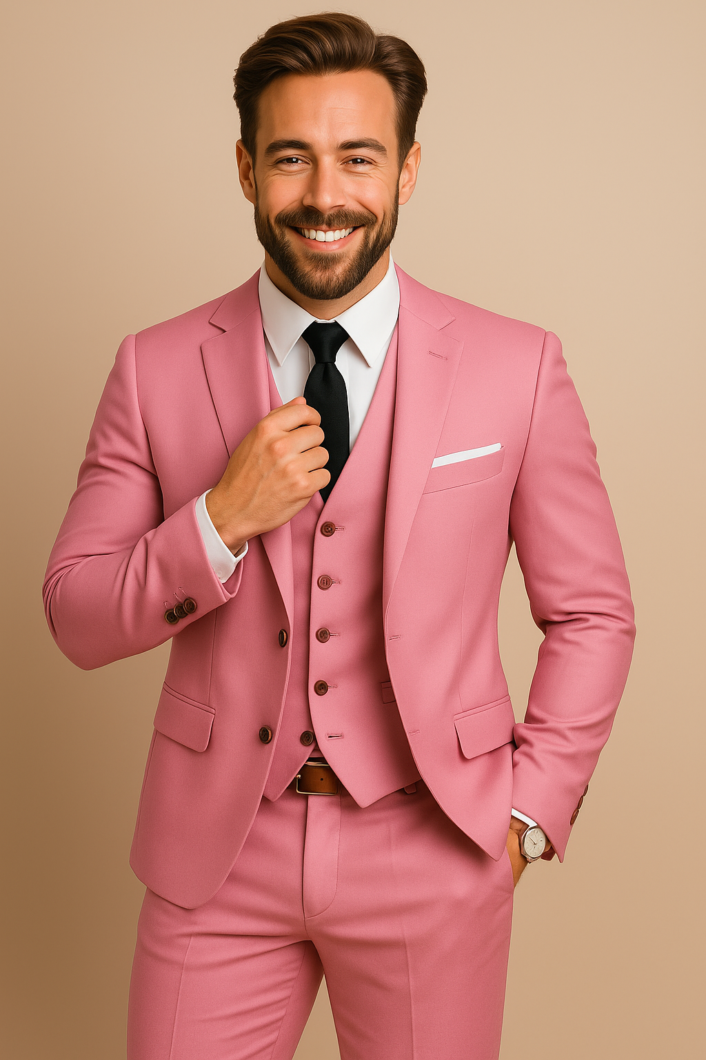 Homme souriant en costume rose élégant, cravate noire, chemise blanche, posant sur fond beige. Mode masculine, style formel, tendance vestimentaire.