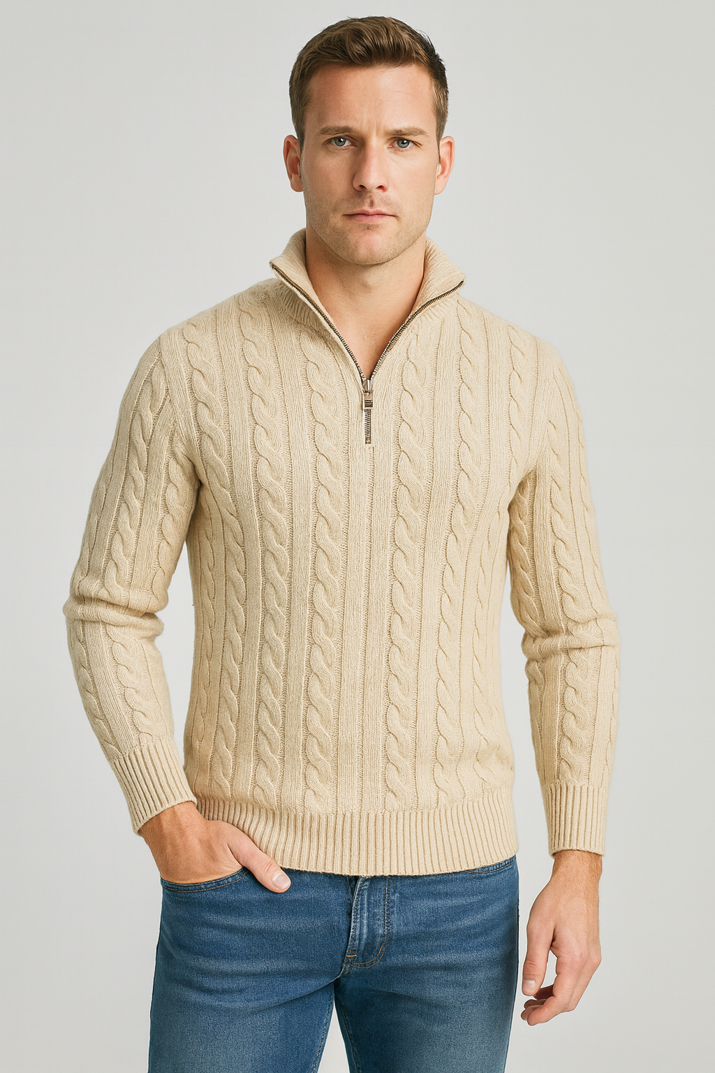 Pull de luxe pour homme à demi-zip et col montant
