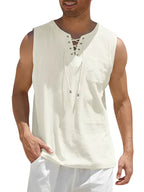 Débardeur blanc sans manches pour homme avec laçage à l'encolure, poche poitrine, style décontracté estival. Mode masculine tendance.