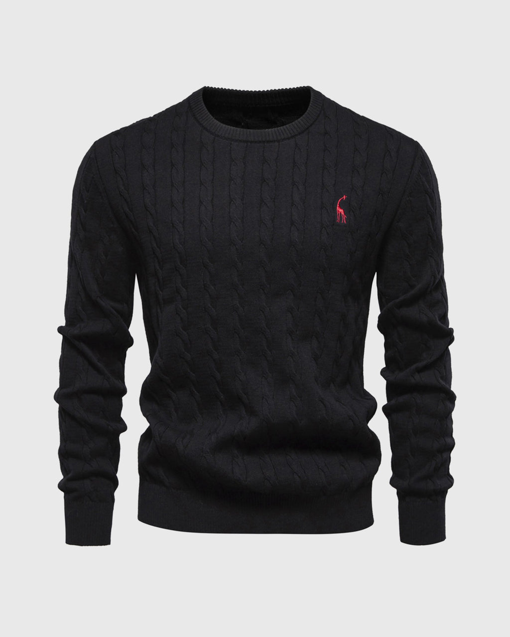 Pull noir en maille torsadée avec logo rouge brodé, col rond, manches longues. Mode homme élégante, style classique et intemporel.