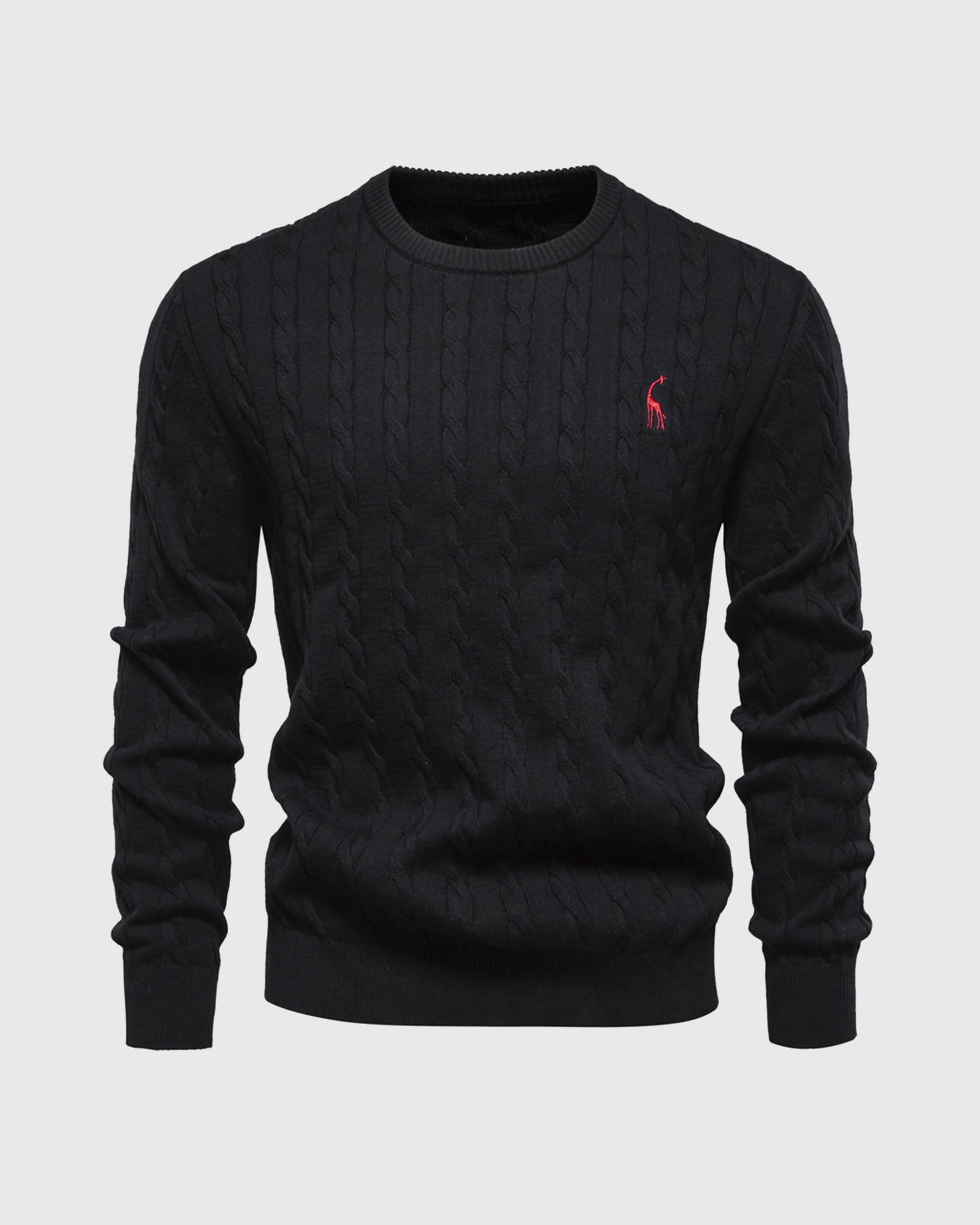 Pull noir en maille torsadée avec logo rouge brodé, col rond, manches longues. Mode homme élégante, style classique et intemporel.
