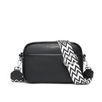 Sac à main noir en cuir texturé avec bandoulière amovible à motif zigzag noir et blanc, design moderne et élégant, idéal pour la mode urbaine.