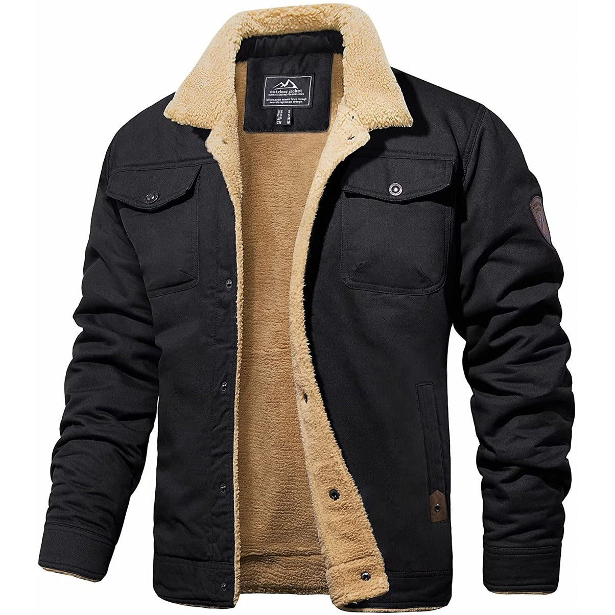 Veste homme noire doublée en sherpa, col en fourrure beige, poches poitrine à rabat, style décontracté hiver, mode masculine chaude.