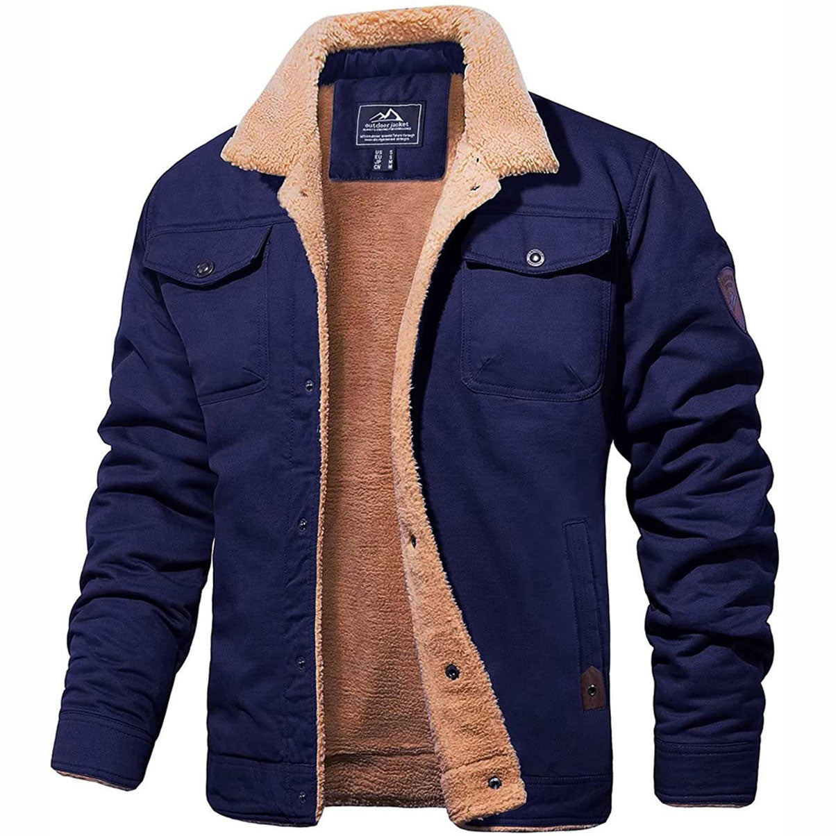 Veste homme bleu marine doublée en polaire beige, col en fourrure, manches longues, poches poitrine, style décontracté et chaud pour hiver.