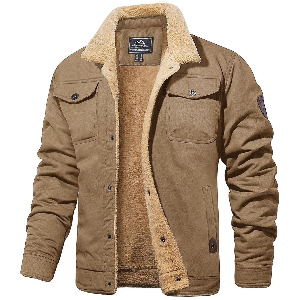 Veste en toile marron pour homme avec doublure en sherpa, col en fourrure synthétique, poches poitrine à rabat, style décontracté et chaud.