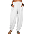Pantalon ample blanc en lin pour femme, avec poches avant, taille élastique, style décontracté, idéal pour l'été.