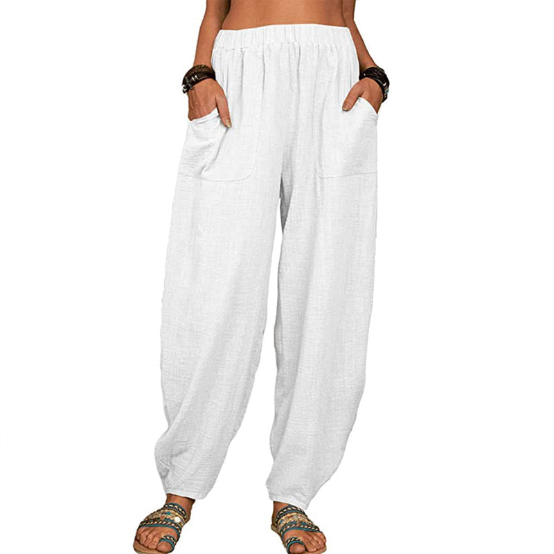 Pantalon ample blanc en lin pour femme, avec poches avant, taille élastique, style décontracté, idéal pour l'été.