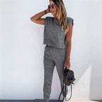 Deux pièces Pantalon Haut Sans Manches Décontracté De Couleur Unie