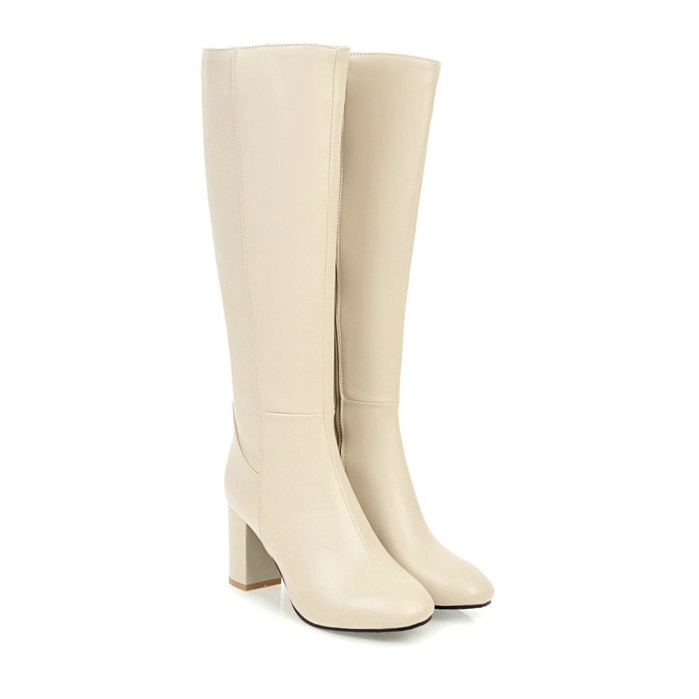 Bottes hautes beiges en cuir synthétique, talon carré, design élégant et moderne, mode femme automne-hiver, chaussures tendance.