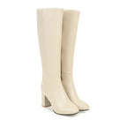Bottes hautes beiges en cuir synthétique, talon carré, design élégant et moderne, mode femme automne-hiver, chaussures tendance.