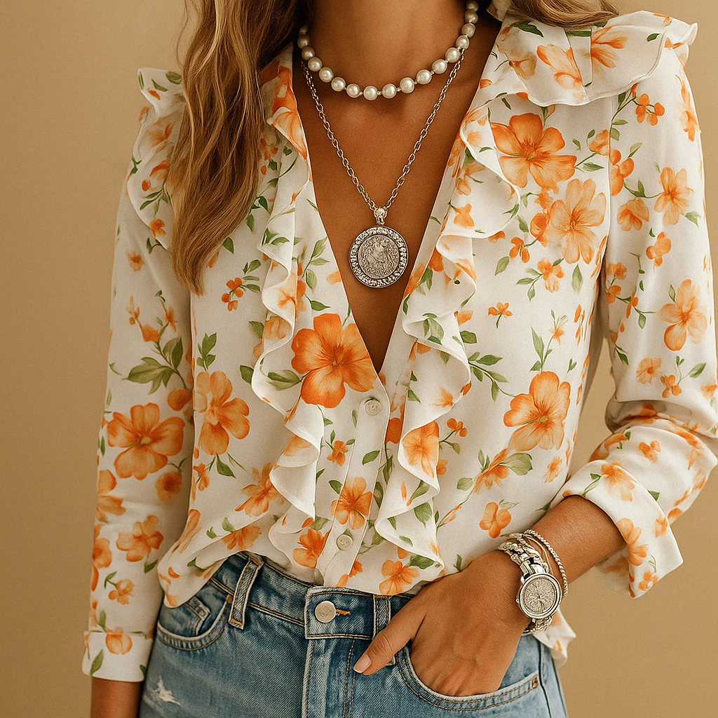 Blouse légère à volants et imprimé papillons | Manches longues