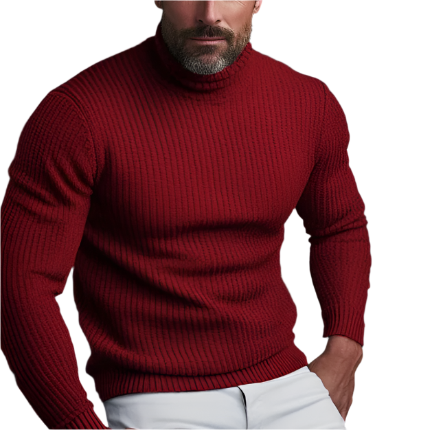 Homme portant un pull rouge à col roulé en maille, manches longues, style élégant, mode masculine automne-hiver, fond blanc.