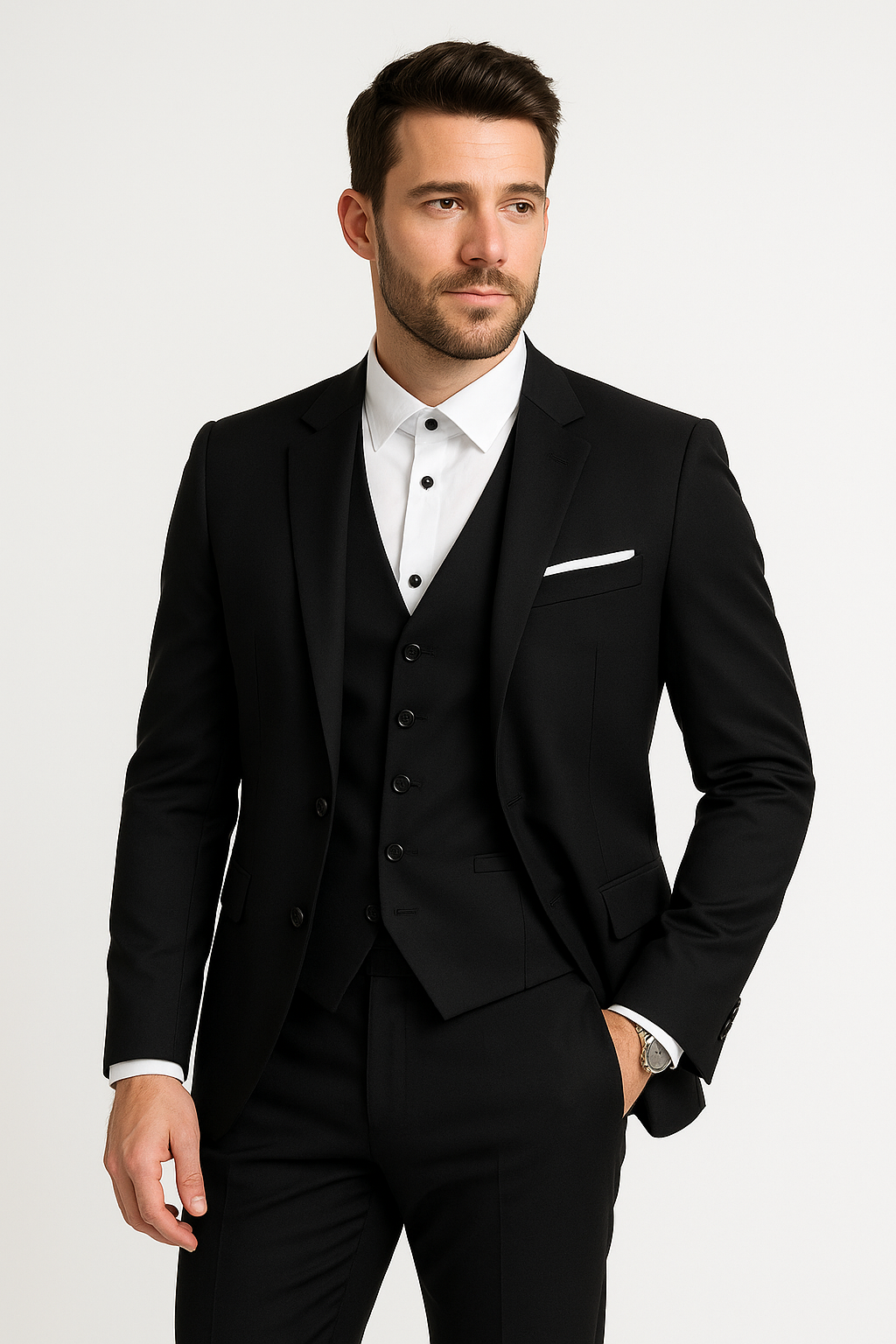 Homme en costume noir élégant, chemise blanche, cravate absente, posant sur fond blanc. Mode masculine, tenue formelle, style chic.