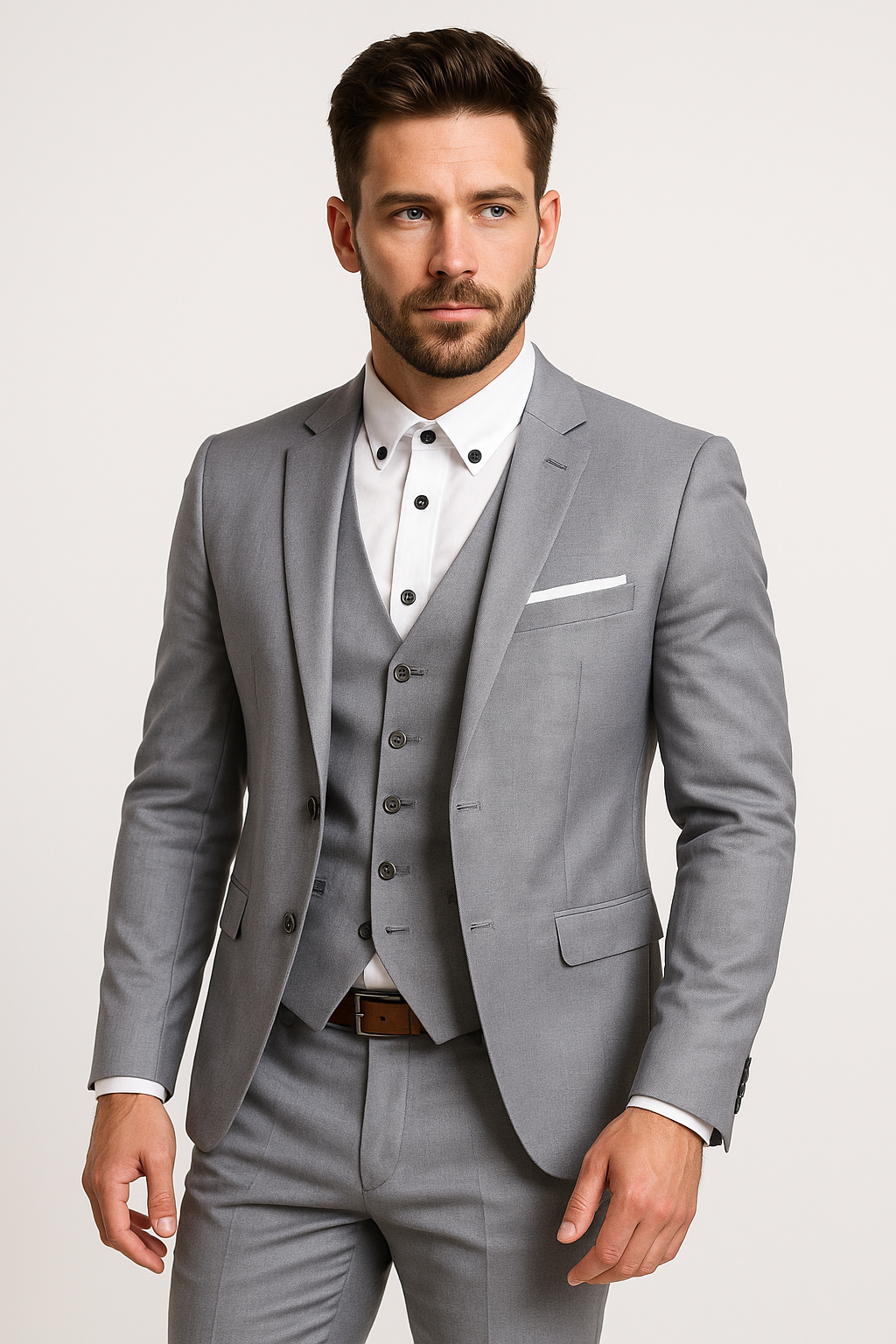 Homme en costume gris élégant, chemise blanche, cravate absente, posant sur fond neutre. Mode masculine, tenue formelle, style moderne.