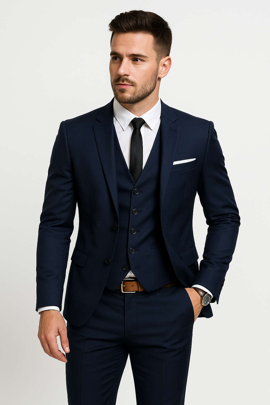 Homme en costume bleu marine élégant, chemise blanche, cravate noire, montre-bracelet, posant sur fond blanc. Mode masculine, style formel.