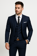 Homme en costume bleu marine élégant, chemise blanche, cravate noire, montre-bracelet, posant sur fond blanc. Mode masculine, style formel.