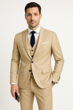 Homme en costume beige élégant, cravate noire, tenant un smartphone. Mode masculine, style professionnel, tenue formelle, montre-bracelet.