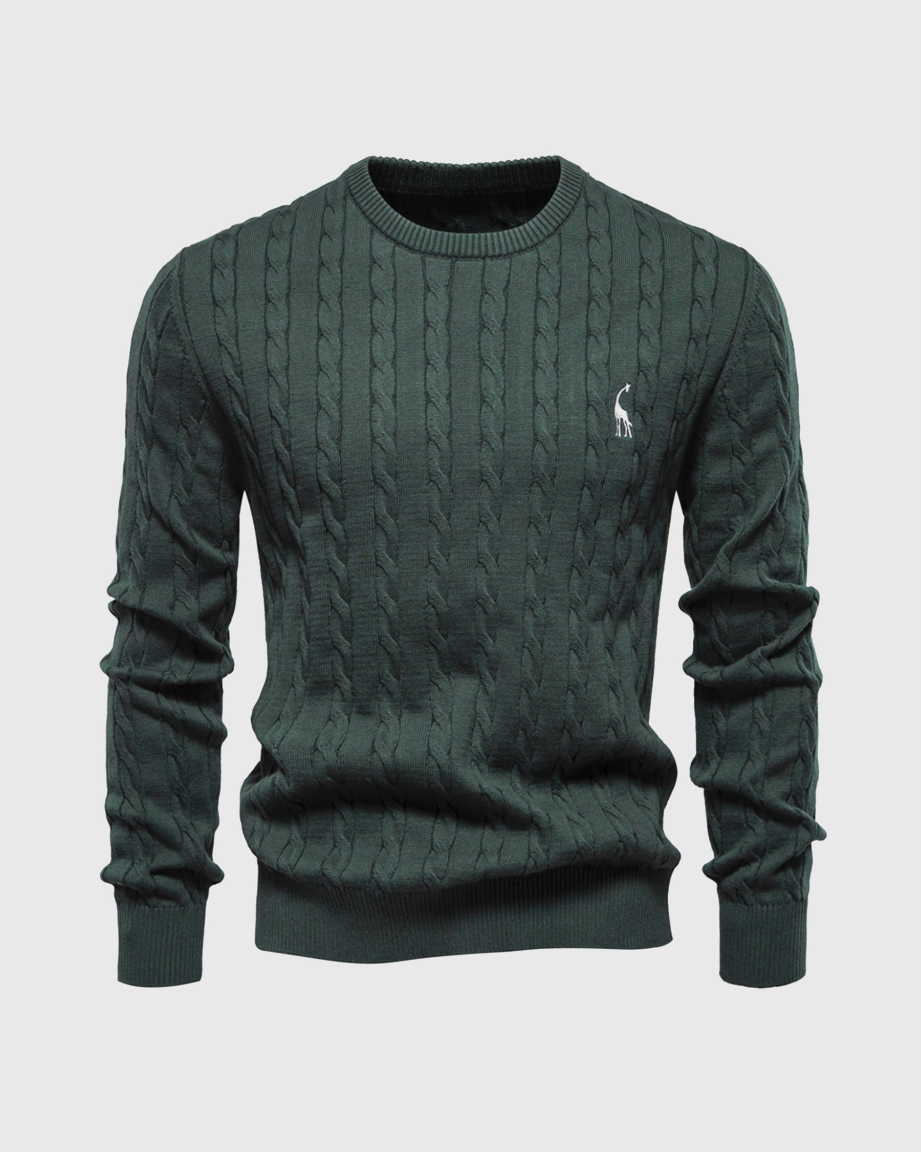 Pull vert foncé en maille torsadée avec logo brodé, col rond, manches longues. Mode homme élégante, tendance automne-hiver, style décontracté.