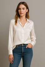 Femme portant une chemise blanche en satin, manches longues, col classique, associée à un jean bleu. Mode élégante, tenue décontractée chic.