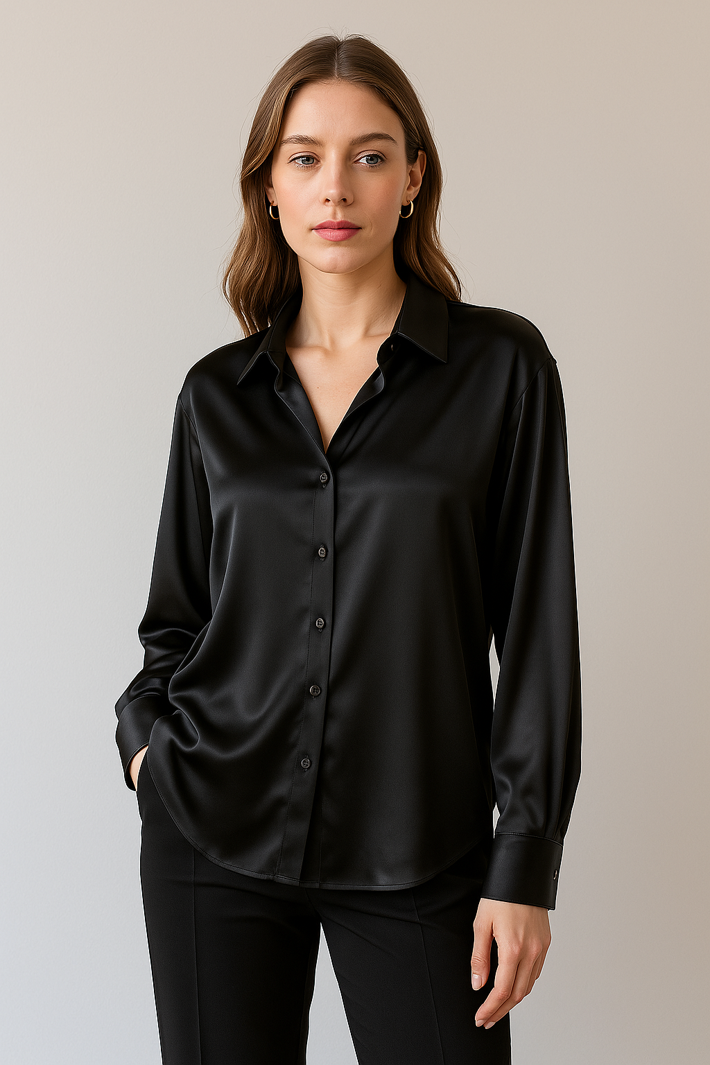 Femme portant une chemise noire en satin, manches longues, col classique, posant contre un fond neutre. Mode élégante, tenue chic, style moderne.