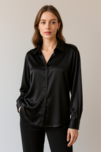 Femme portant une chemise noire en satin, manches longues, col classique, posant contre un fond neutre. Mode élégante, tenue chic, style moderne.