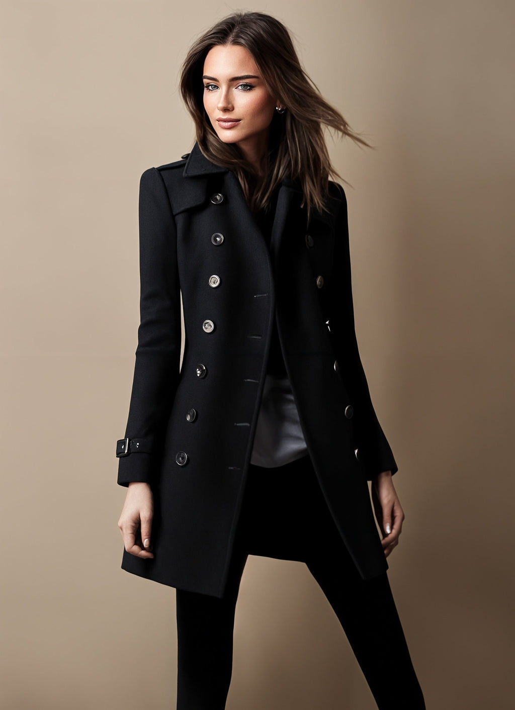 Femme portant un manteau noir élégant à double boutonnage, posant sur fond beige. Mode automne-hiver, style chic et moderne.