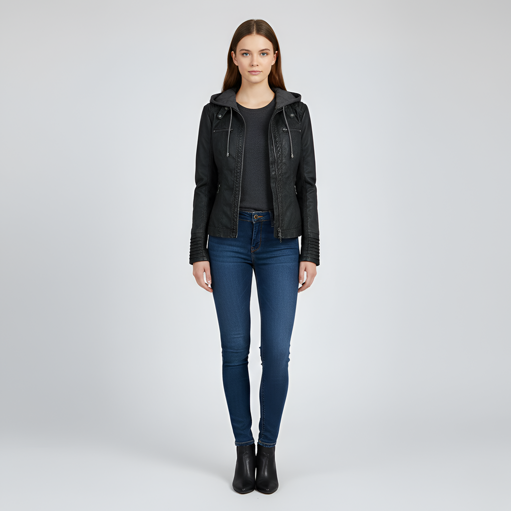 Veste en simili cuir pour femme avec capuche