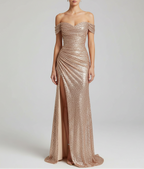 Élégante robe de soirée longue à paillettes et fente sur le côté