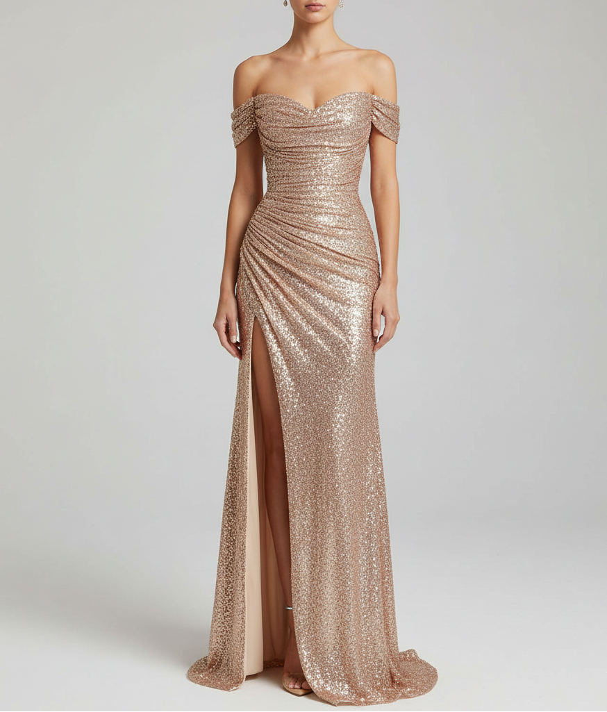 Élégante robe de soirée longue à paillettes et fente sur le côté