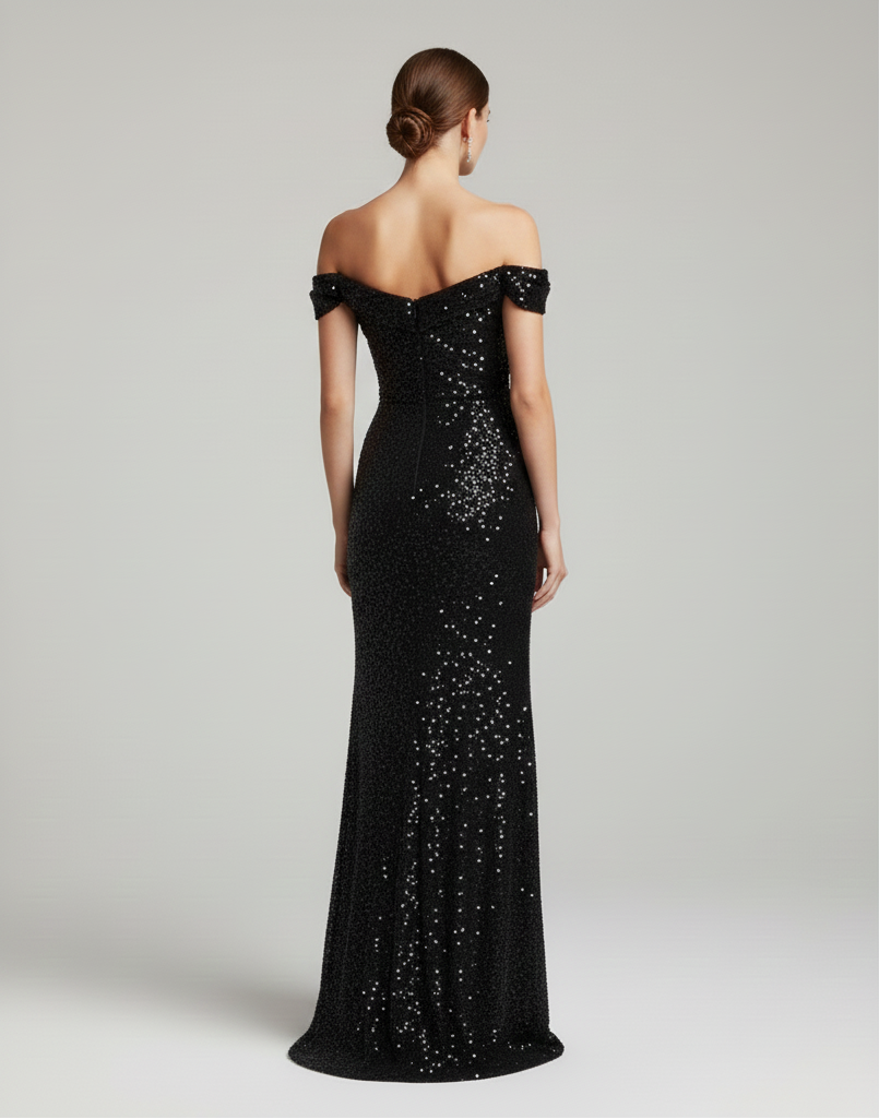 Élégante robe de soirée longue à paillettes et fente sur le côté