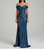 Élégante robe de soirée longue à paillettes et fente sur le côté