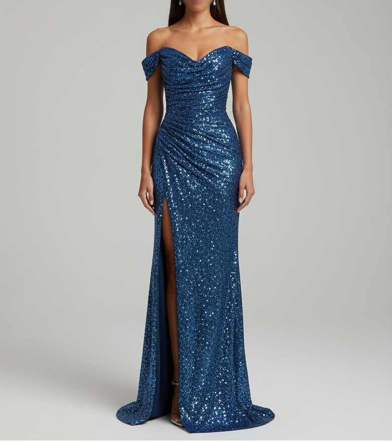 Élégante robe de soirée longue à paillettes et fente sur le côté