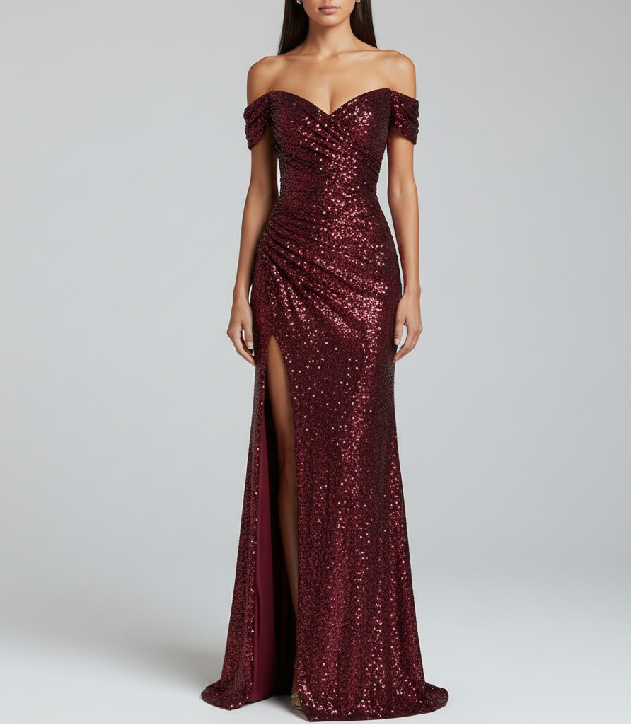 Élégante robe de soirée longue à paillettes et fente sur le côté