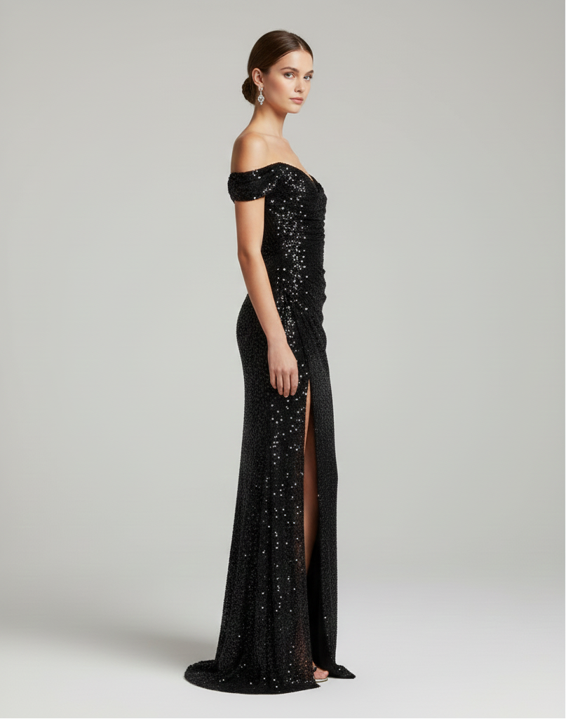 Élégante robe de soirée longue à paillettes et fente sur le côté
