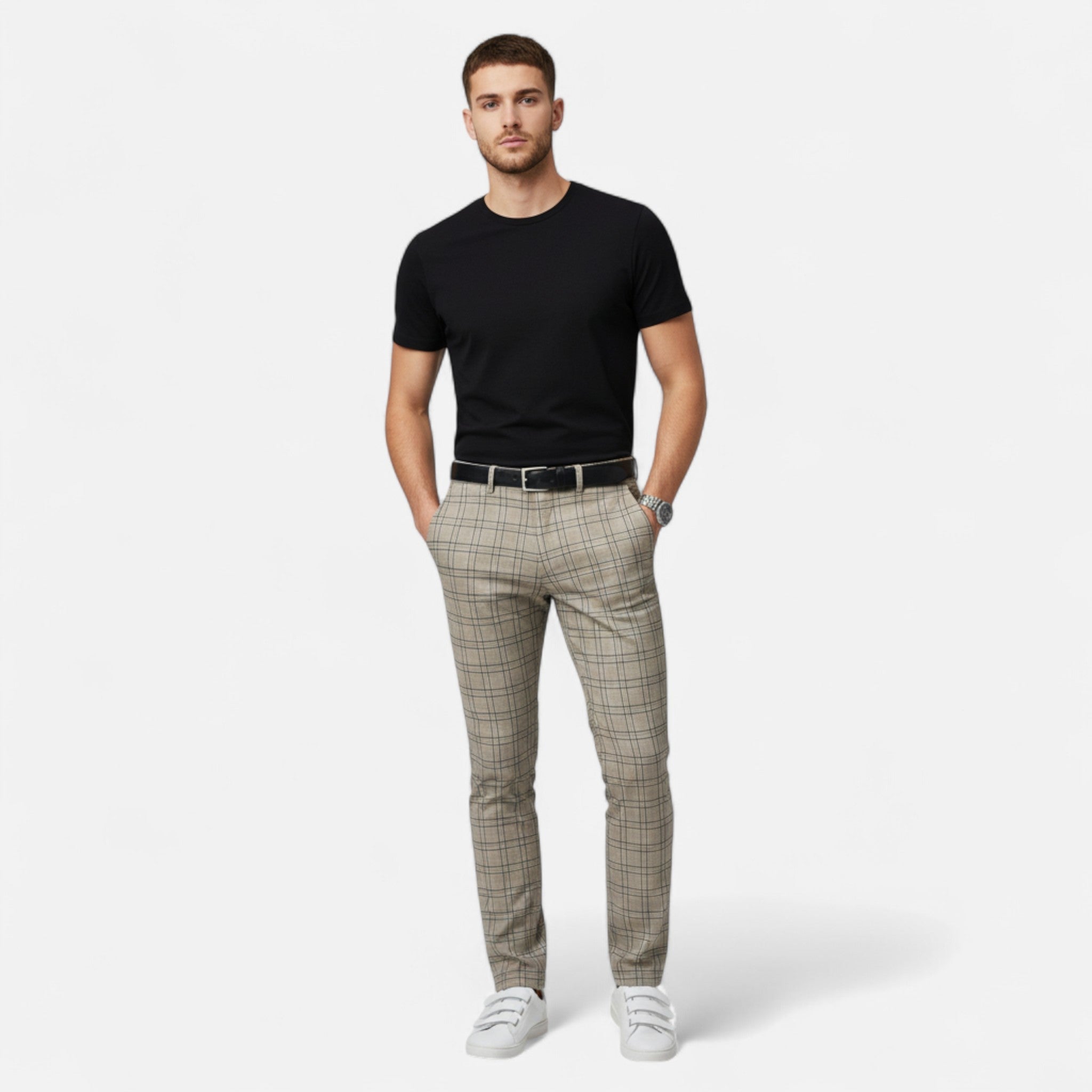 Pantalon à carreaux slim pour homme, longueur cheville