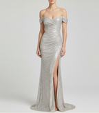 Élégante robe de soirée longue à paillettes et fente sur le côté