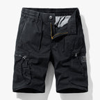 Short cargo noir pour homme avec poches multiples, fermeture éclair dorée, taille élastique. Style décontracté, idéal pour l'été et les activités extérieures.