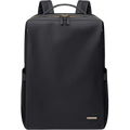 Sac à dos noir élégant, design minimaliste, avec fermeture éclair dorée et étiquette métallique. Idéal pour le travail ou les voyages.