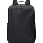 Sac à dos noir élégant, design minimaliste, avec fermeture éclair dorée et étiquette métallique. Idéal pour le travail ou les voyages.