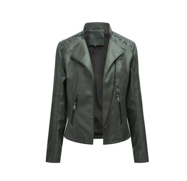 Veste en cuir noir pour femme avec fermeture éclair, col montant et détails sur les épaules. Style moderne et élégant, parfait pour l'automne.